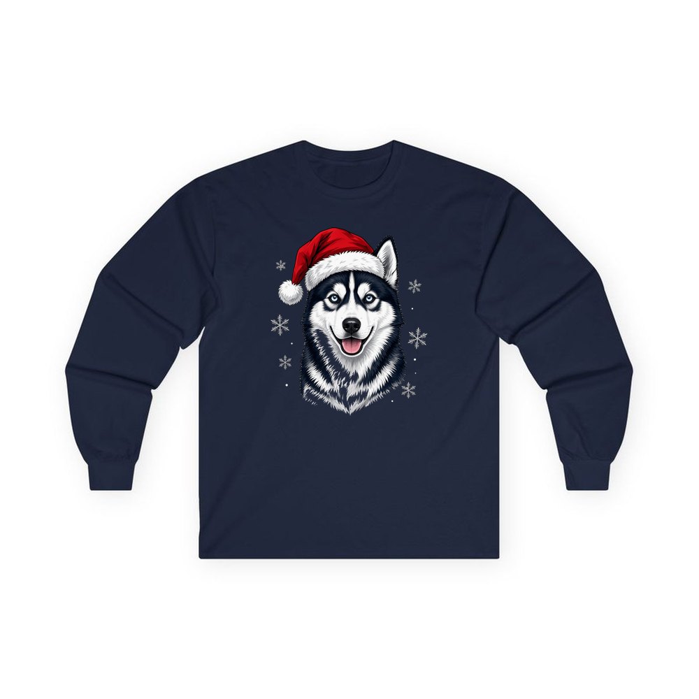 Siberian Husky personalised long sleeve Christmas T-shirt in navy