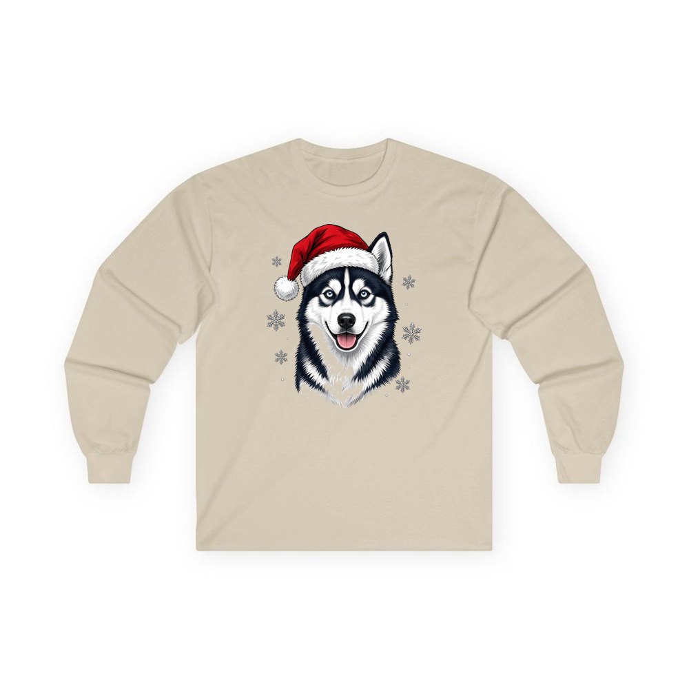 Siberian Husky personalised long sleeve Christmas T-shirt in sand
