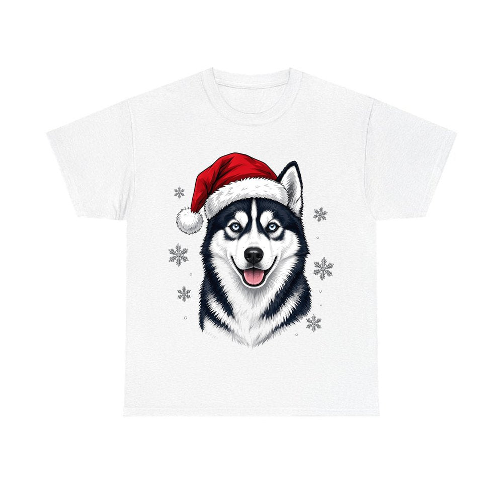 Siberian Husky Christmas design on a white tee