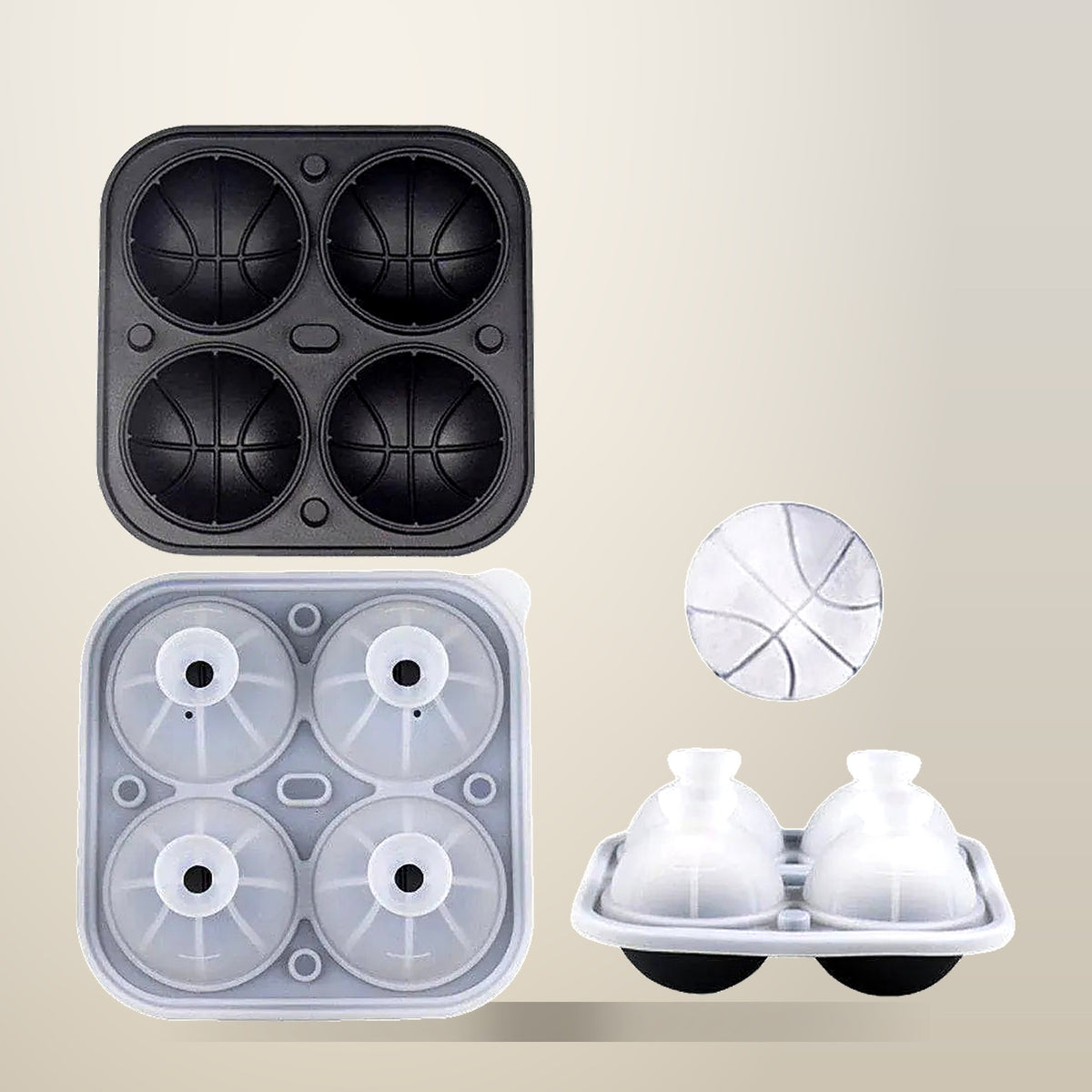 Silicone Basketball Ice Ball Mould with Lid, on a plain cream background