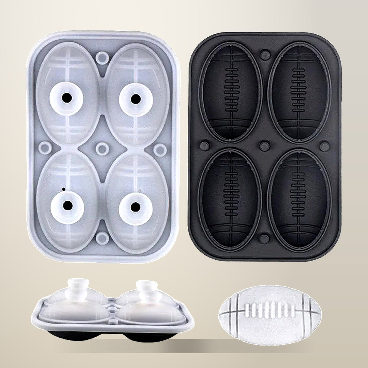 Silicone Rugby Ball Ice Mould with Lid, on a plain cream background