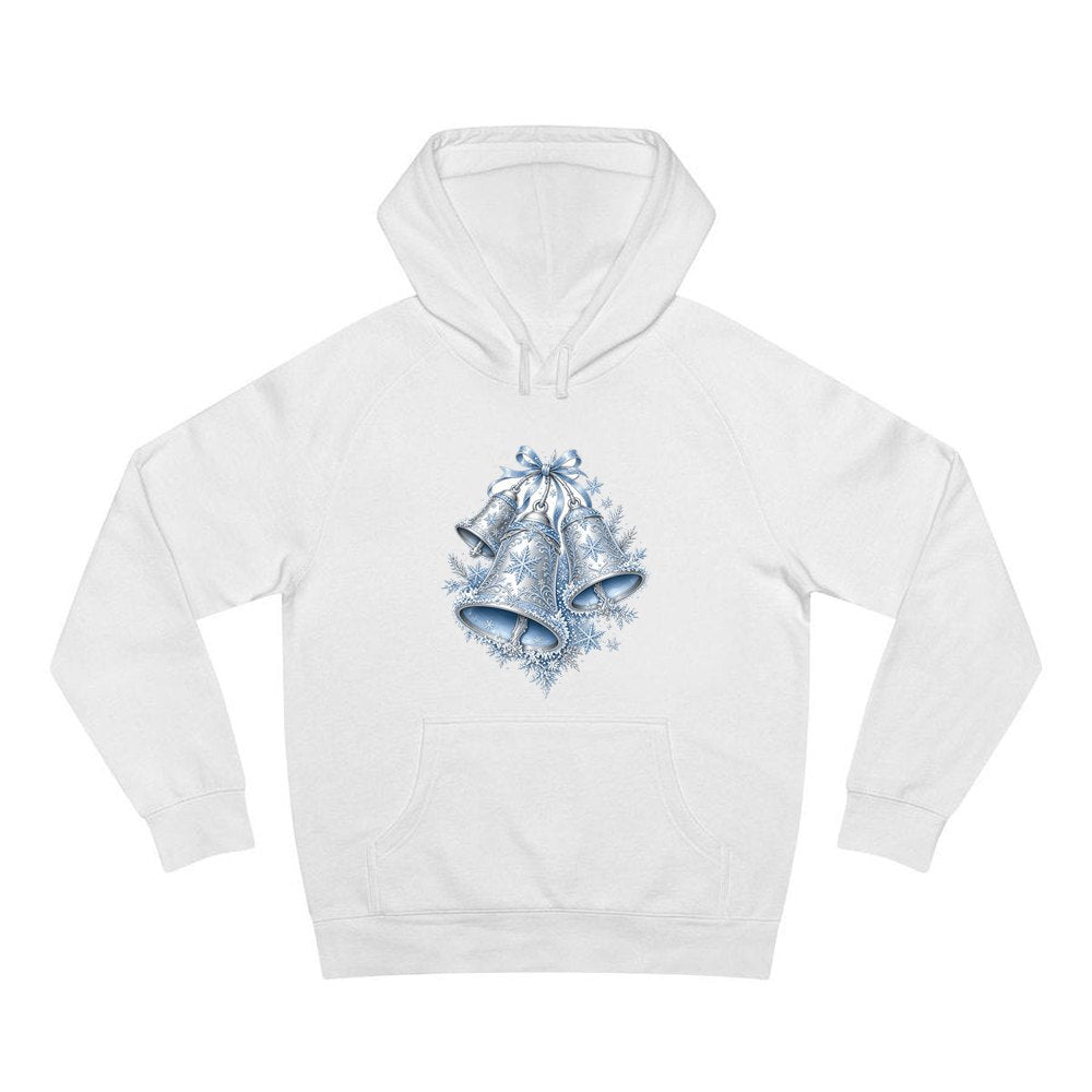 Silver and Blue Bells personalised Christmas hoodie in white