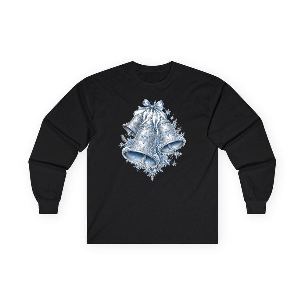 Silver and Blue Bells personalised long sleeve Christmas T-shirt in black