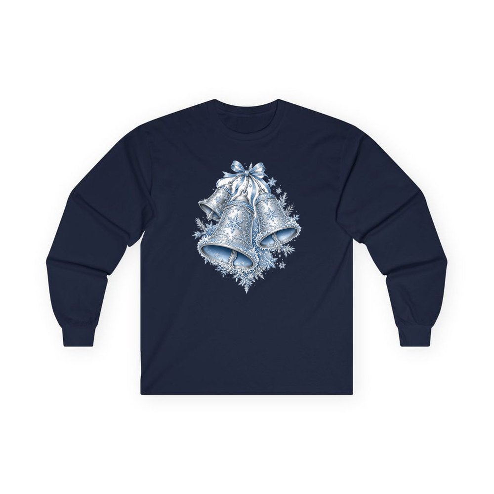 Silver and Blue Bells personalised long sleeve Christmas T-shirt in navy