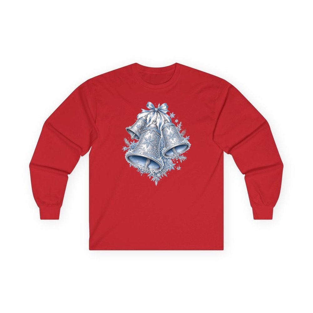 Silver and Blue Bells personalised long sleeve Christmas T-shirt in red