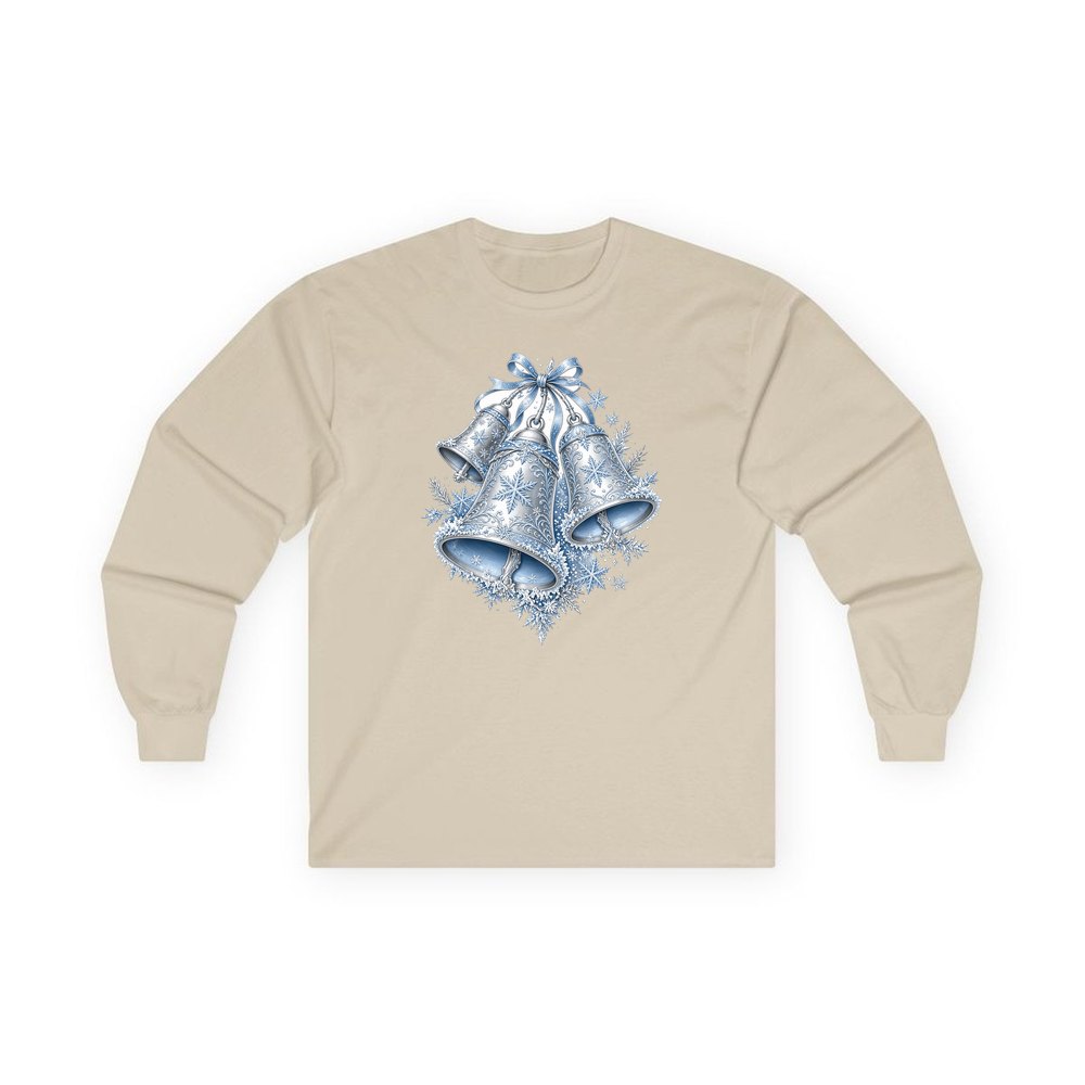Silver and Blue Bells personalised long sleeve Christmas T-shirt in sand