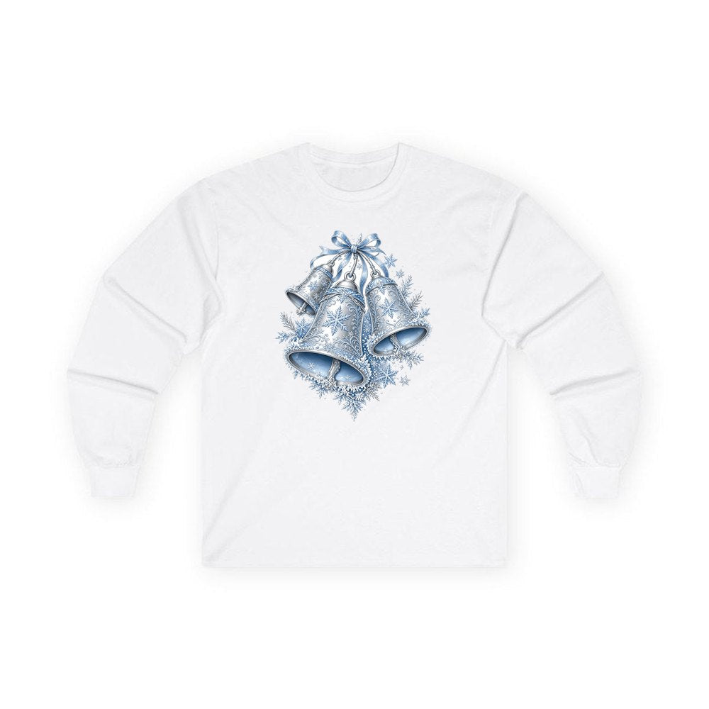 Silver and Blue Bells personalised long sleeve Christmas T-shirt in white