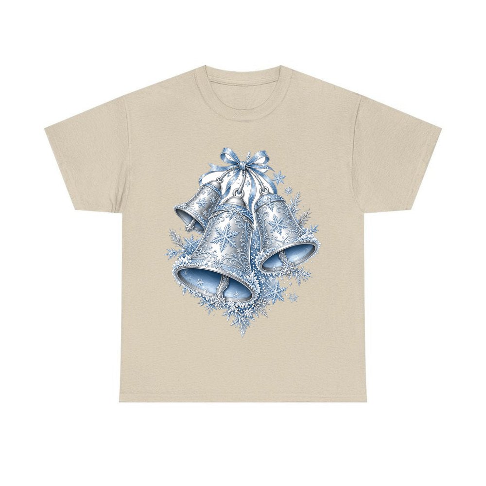 Silver and Blue Bells personalised Christmas T-shirt in sand