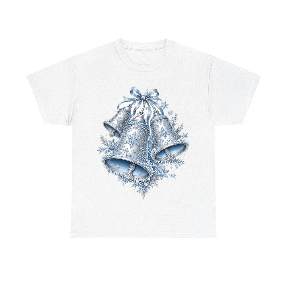 Silver and Blue Bells personalised Christmas T-shirt in white