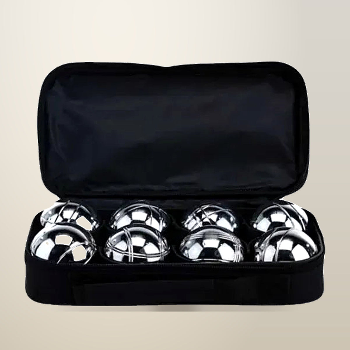 GENUX Silver Bocce Pétanque Set, 8 Metal Balls, on a plain cream background