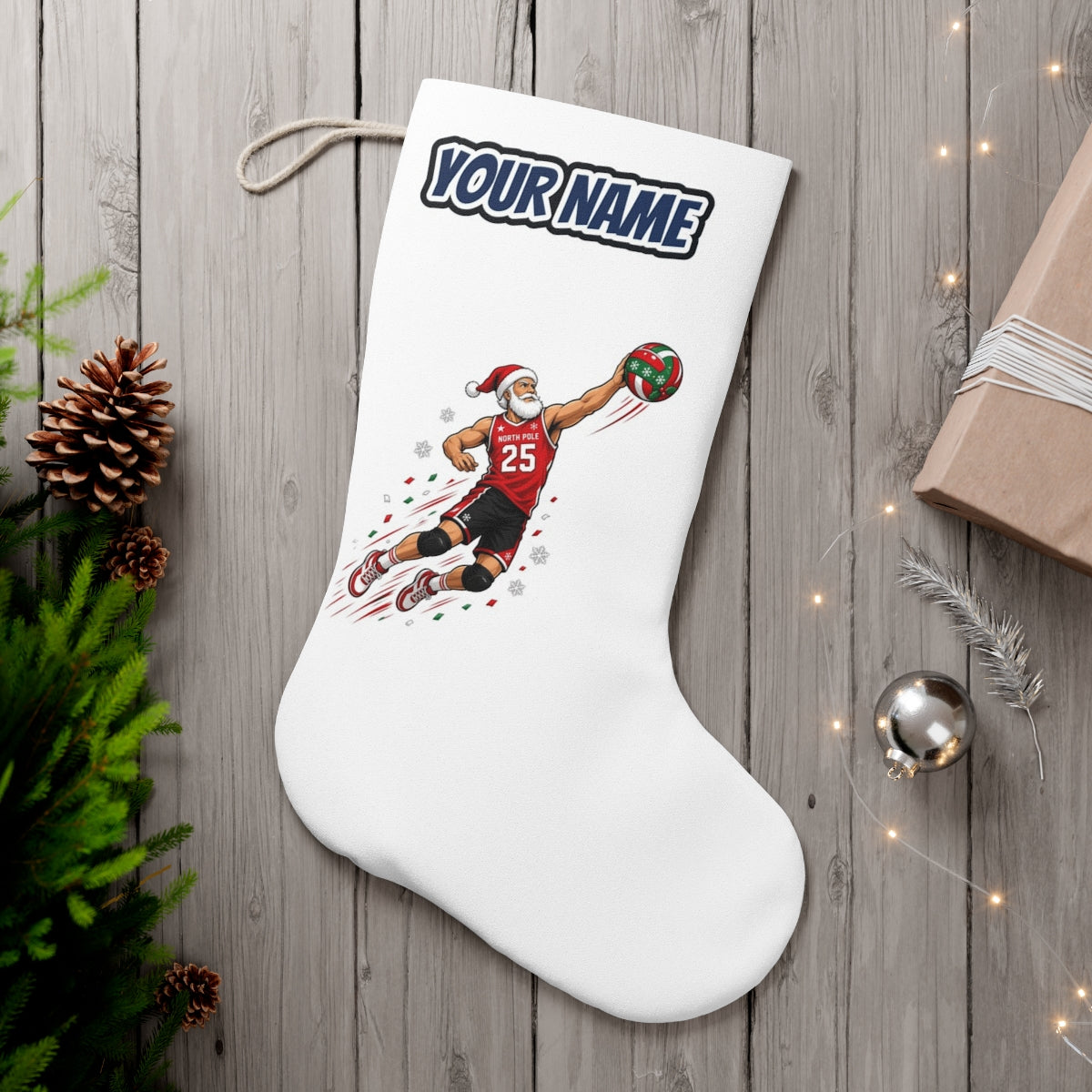 Slam Dunk Santa personalised Christmas stocking, white, with the name across the top