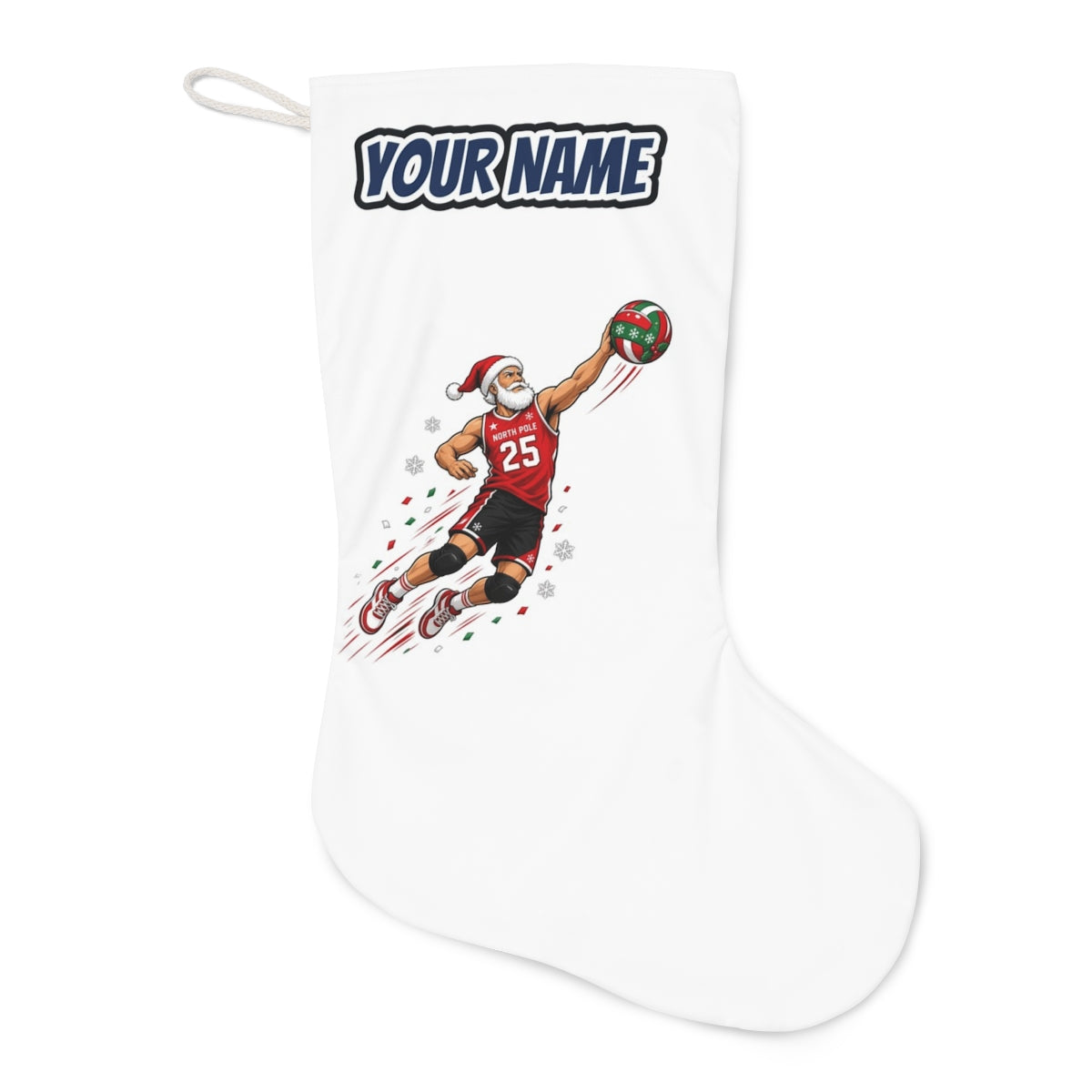 Slam Dunk Santa Christmas stocking laid flat, showing the full print