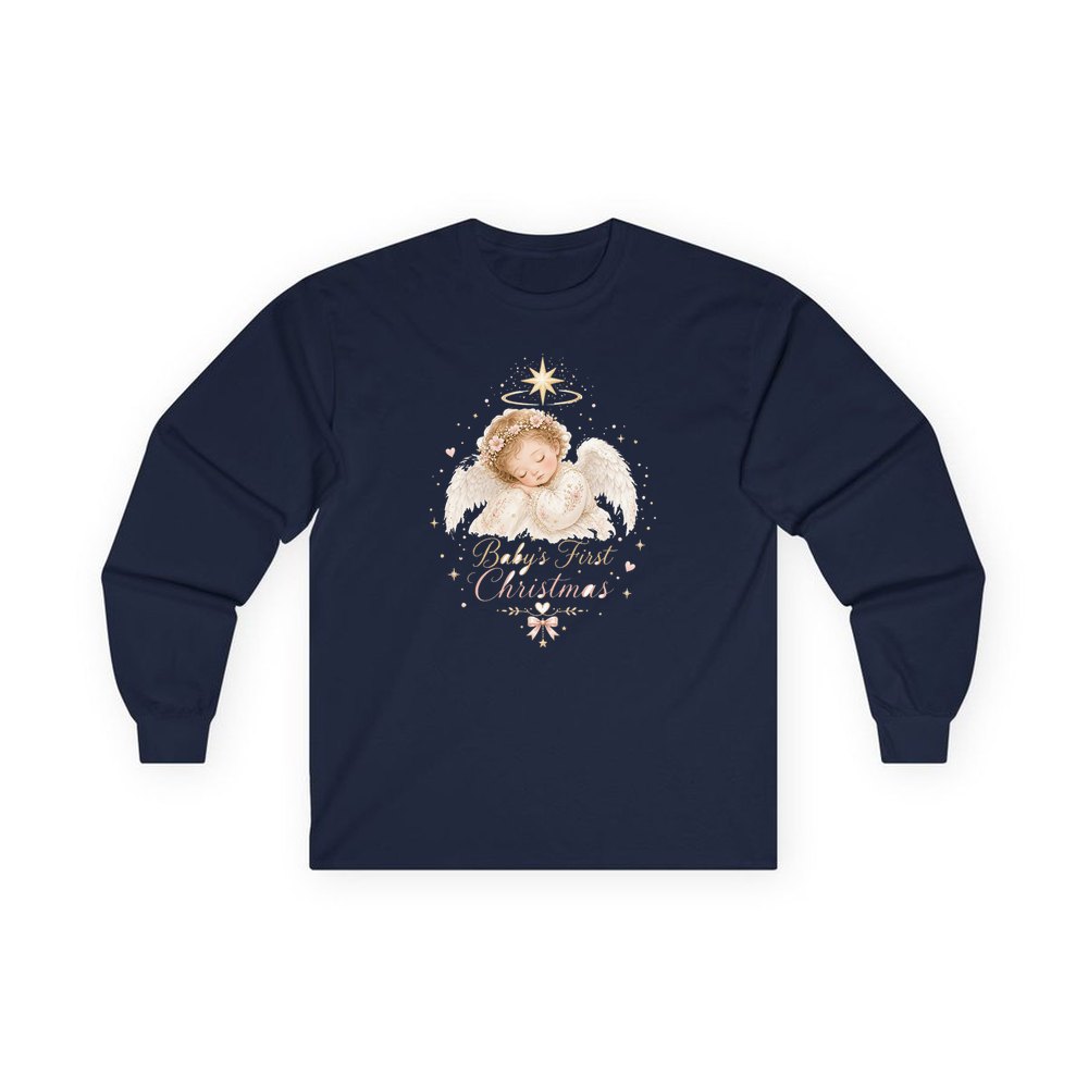 Sleeping Angel Baby Christmas personalised long sleeve Christmas T-shirt in navy