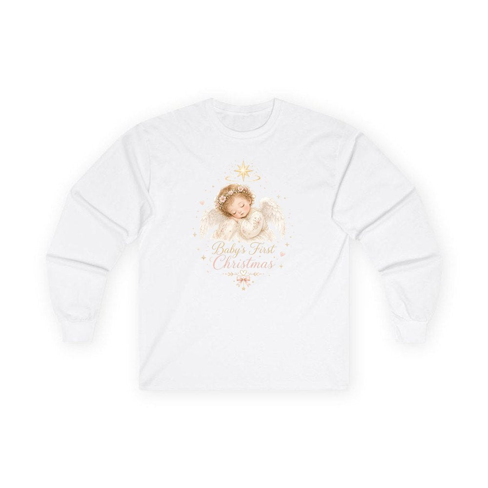 Sleeping Angel Baby Christmas personalised long sleeve Christmas T-shirt in white