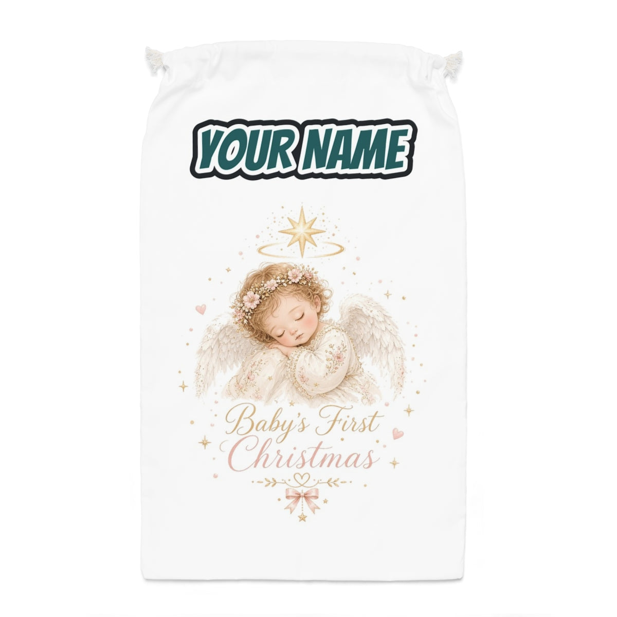 Sleeping Angel Baby Christmas Santa sack laid flat, showing the full print