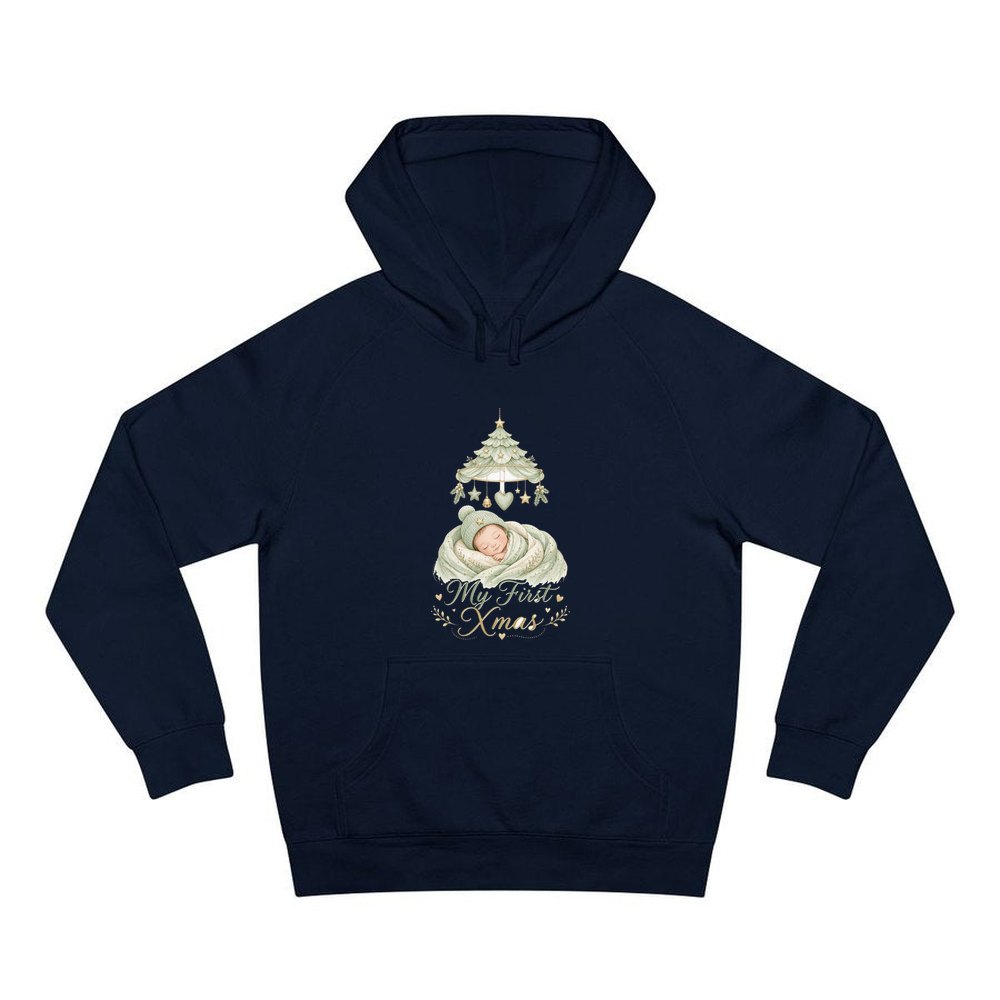 Sleeping Baby First Xmas personalised Christmas hoodie in navy