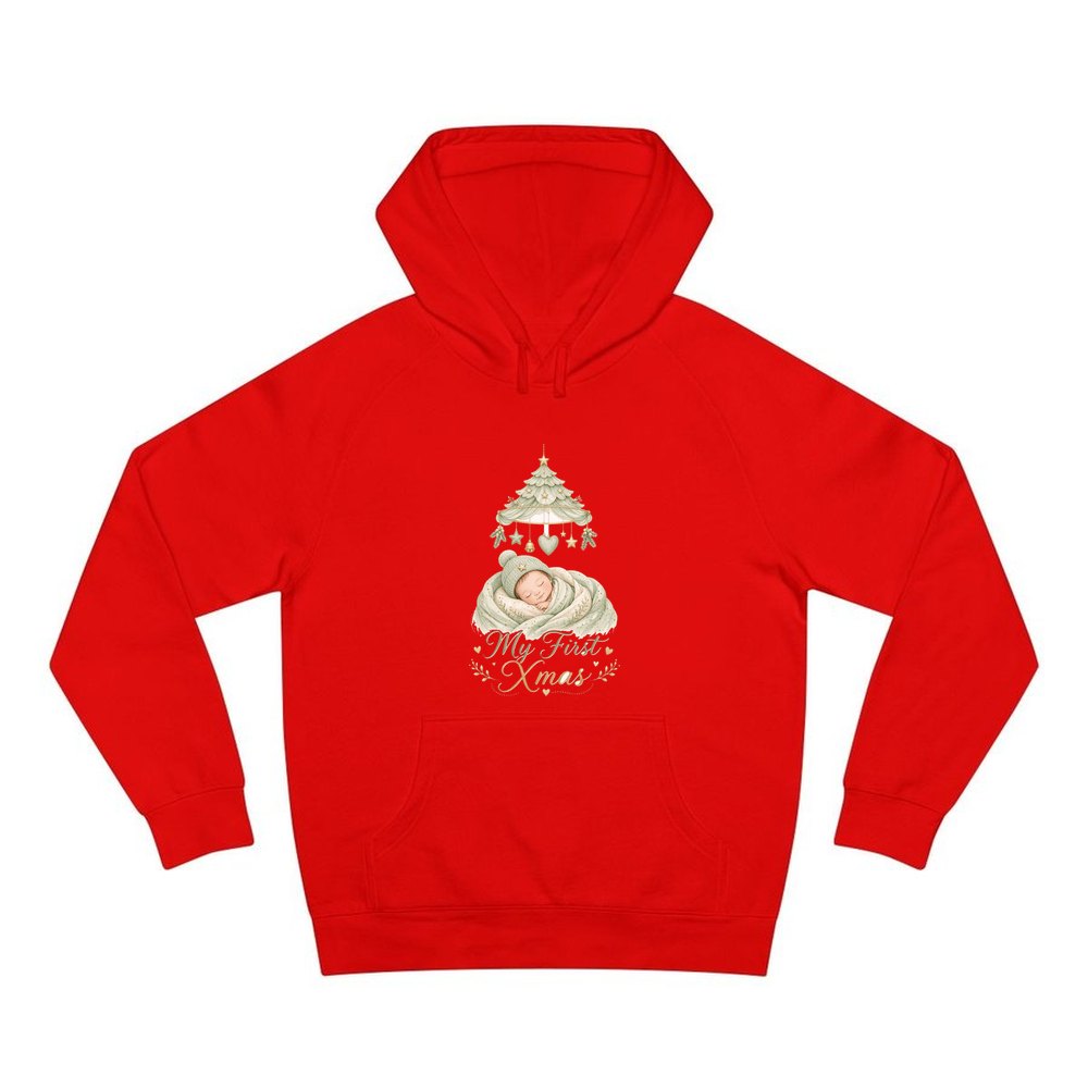 Sleeping Baby First Xmas personalised Christmas hoodie in red