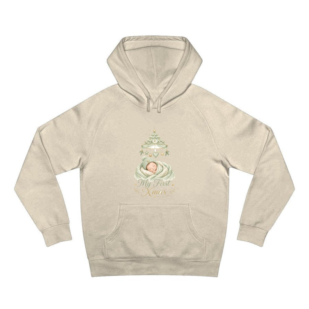 Sleeping Baby First Xmas personalised Christmas hoodie in sand