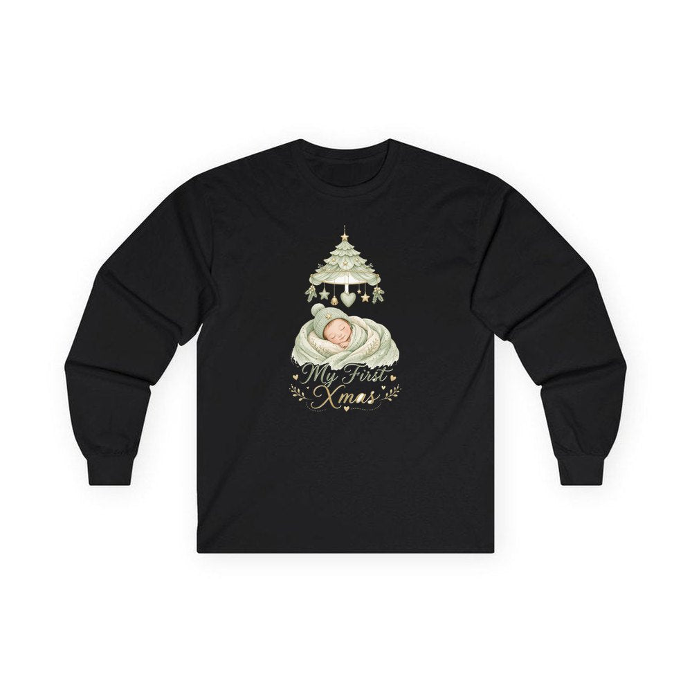 Sleeping Baby First Xmas personalised long sleeve Christmas T-shirt in black