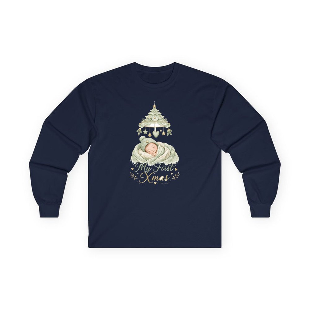 Sleeping Baby First Xmas personalised long sleeve Christmas T-shirt in navy