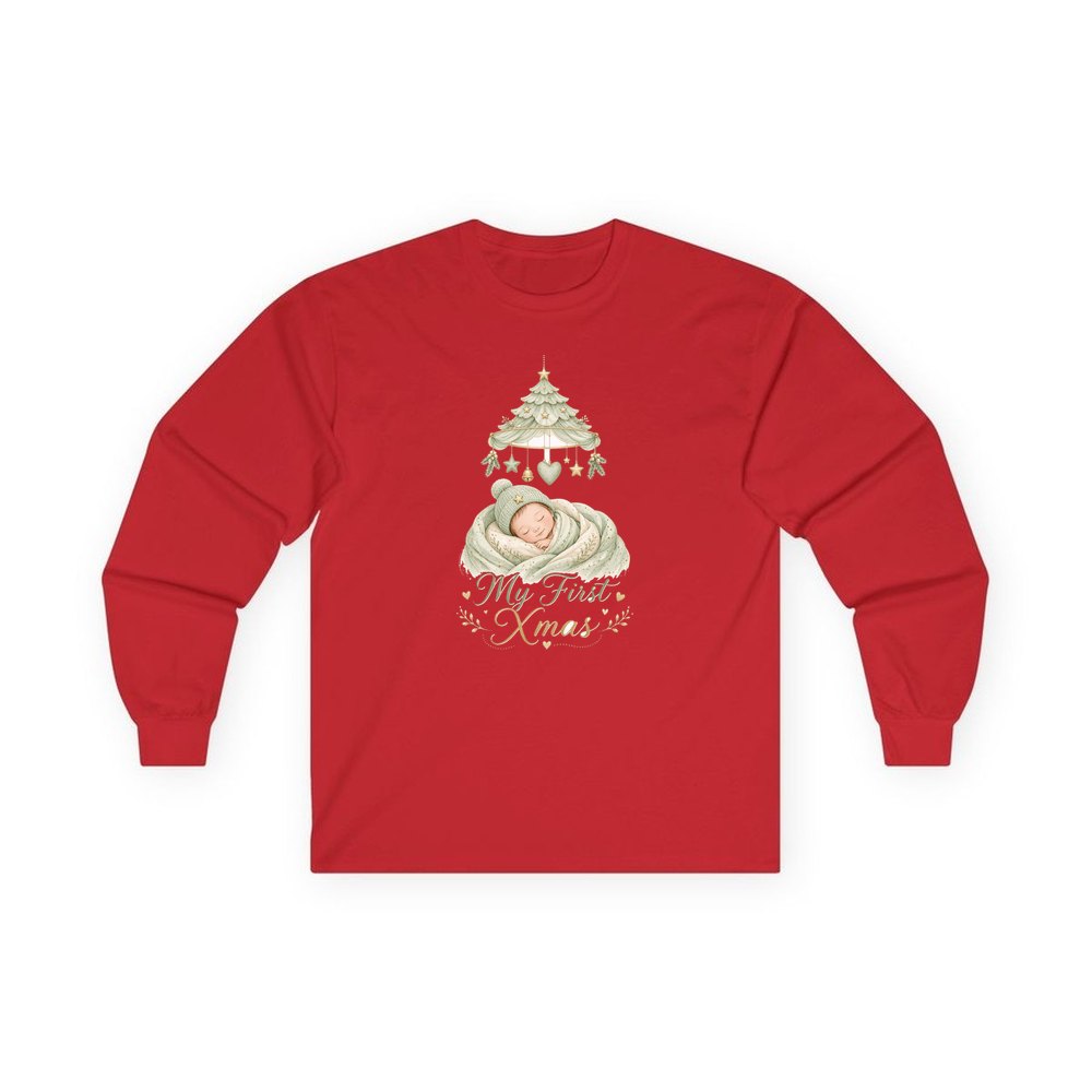 Sleeping Baby First Xmas personalised long sleeve Christmas T-shirt in red