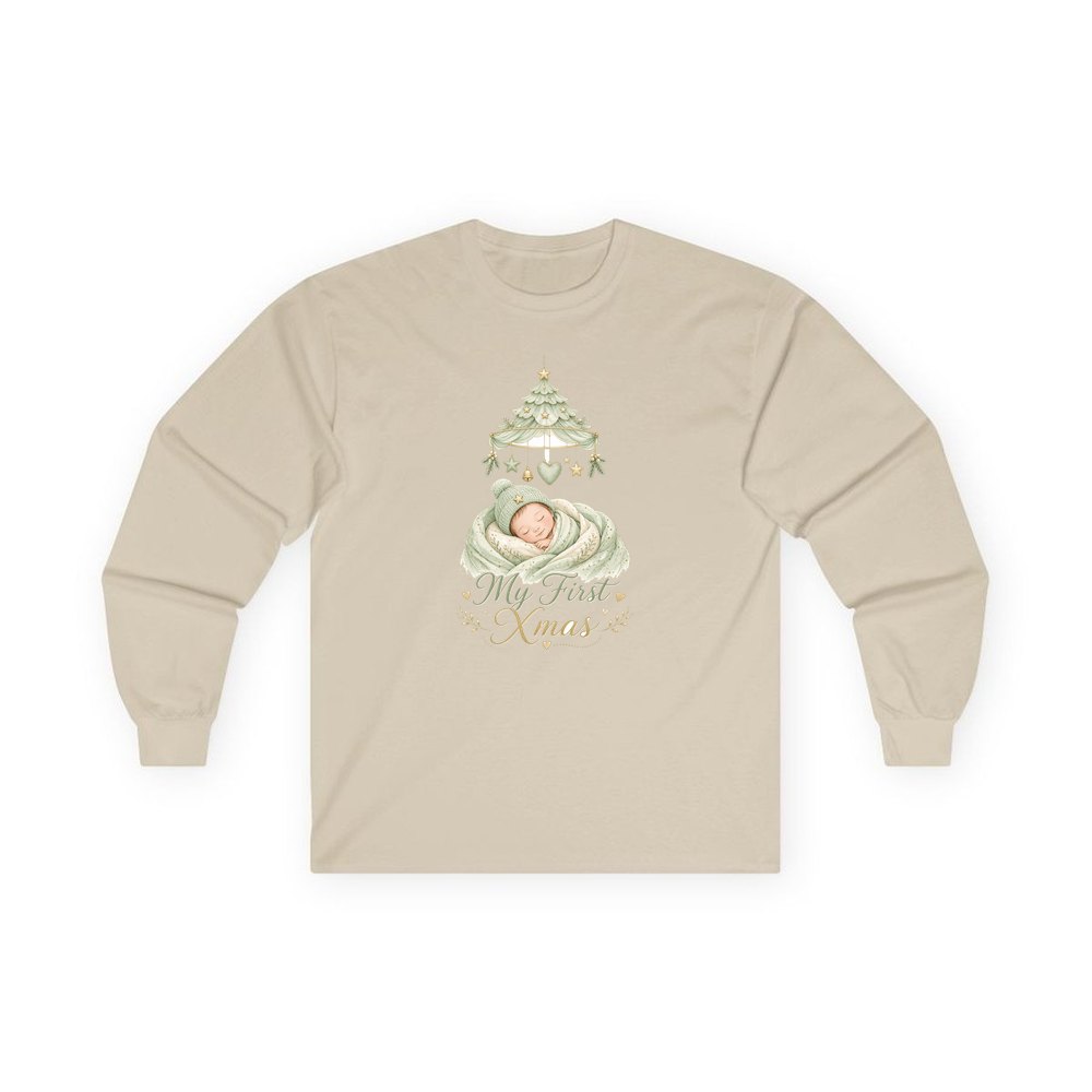 Sleeping Baby First Xmas personalised long sleeve Christmas T-shirt in sand