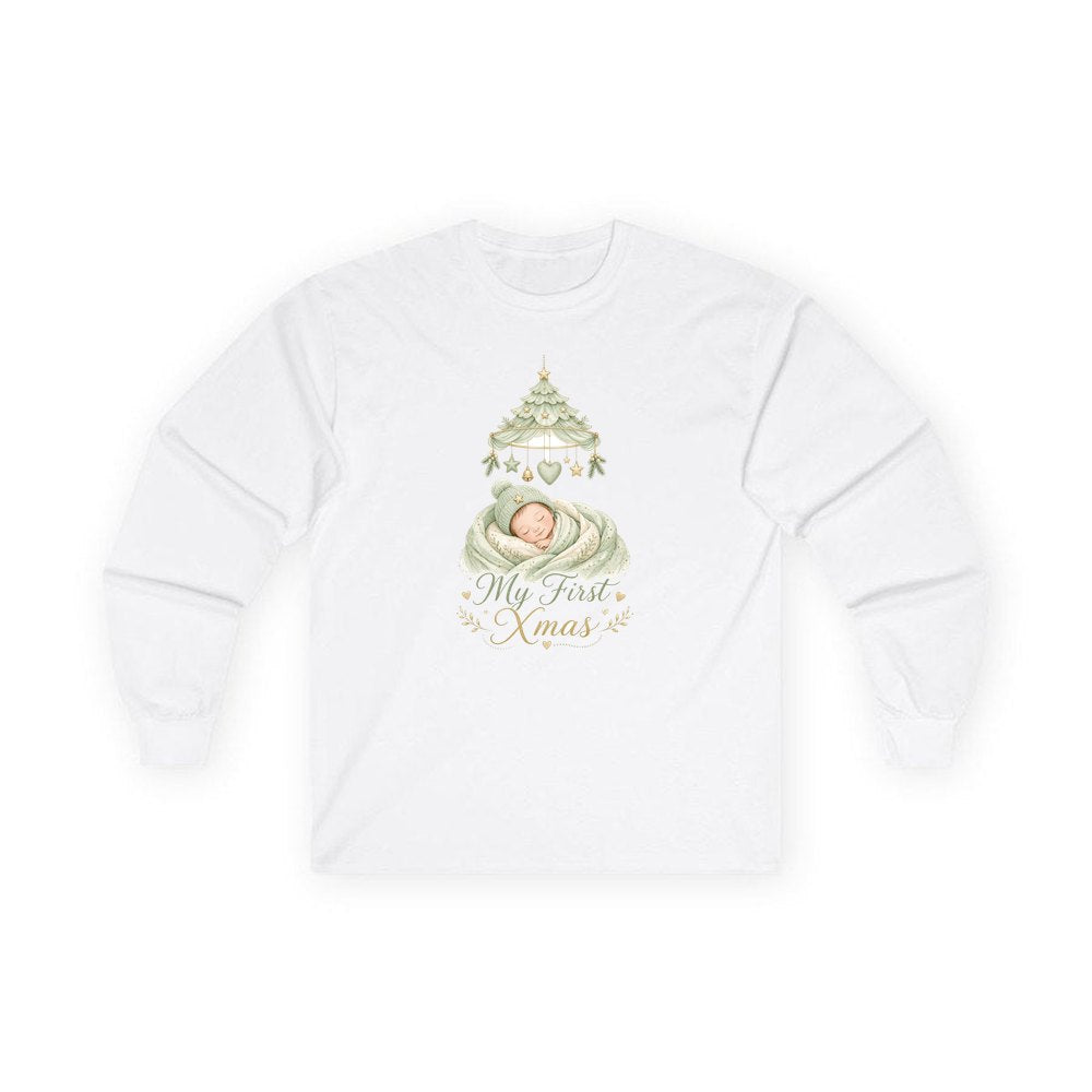 Sleeping Baby First Xmas personalised long sleeve Christmas T-shirt in white