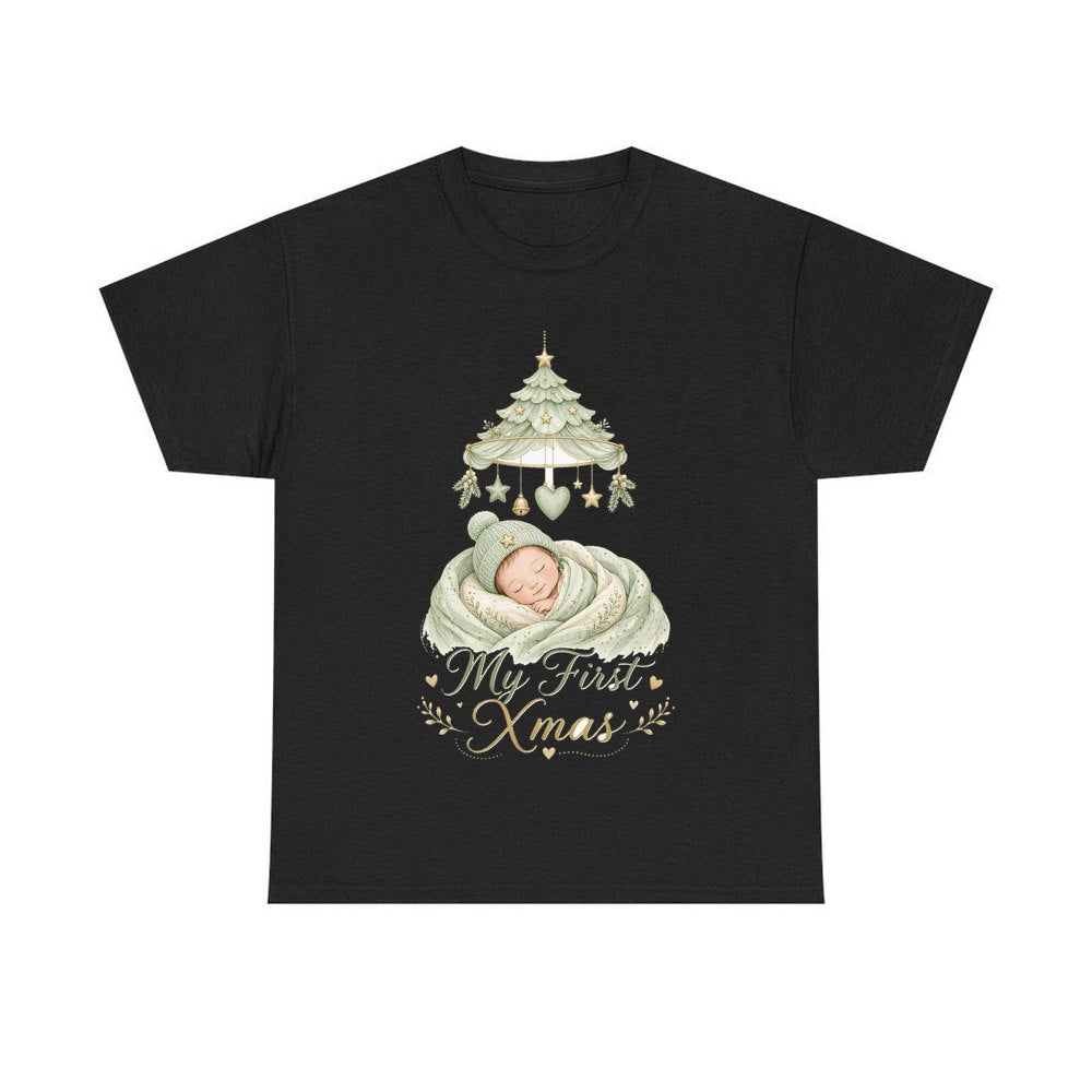 Sleeping Baby First Xmas personalised Christmas T-shirt in black