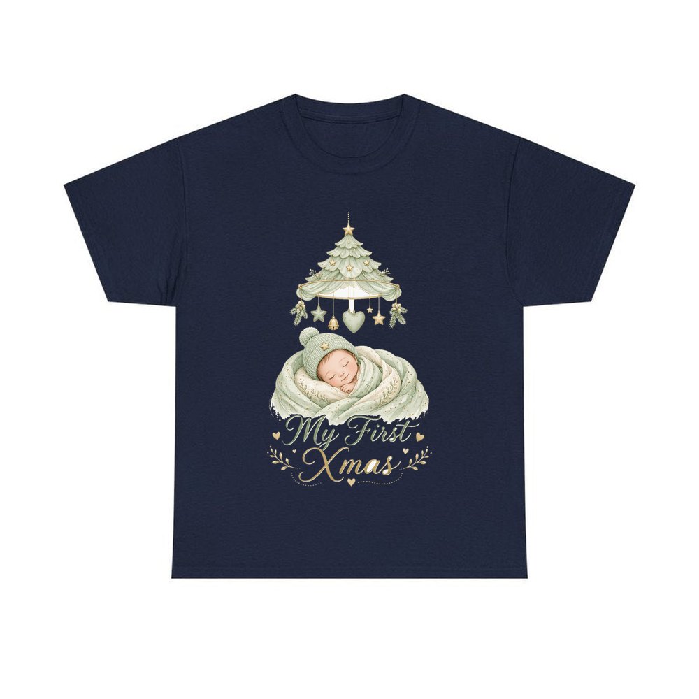 Sleeping Baby First Xmas personalised Christmas T-shirt in navy
