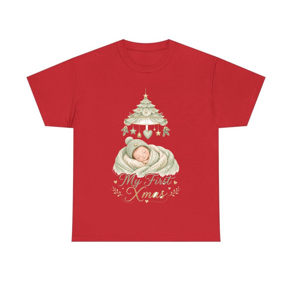 Sleeping Baby First Xmas personalised Christmas T-shirt in red