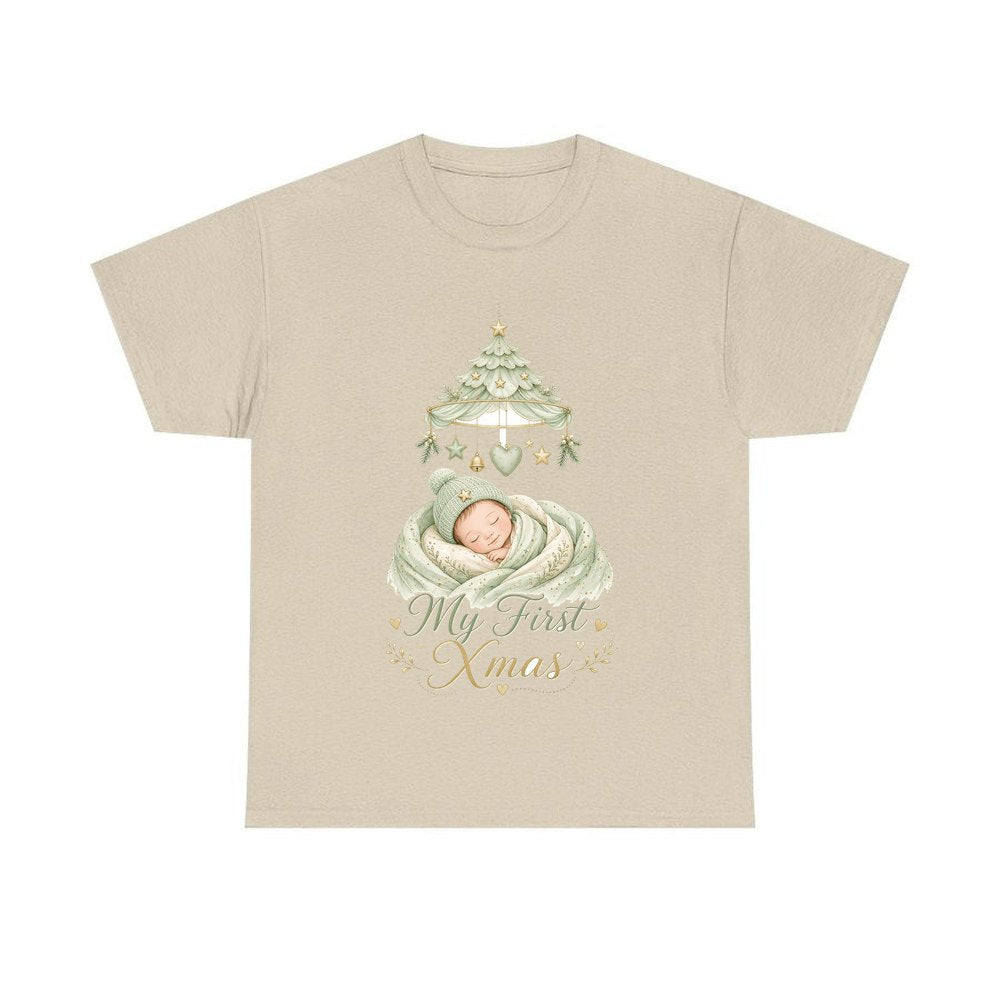 Sleeping Baby First Xmas personalised Christmas T-shirt in sand