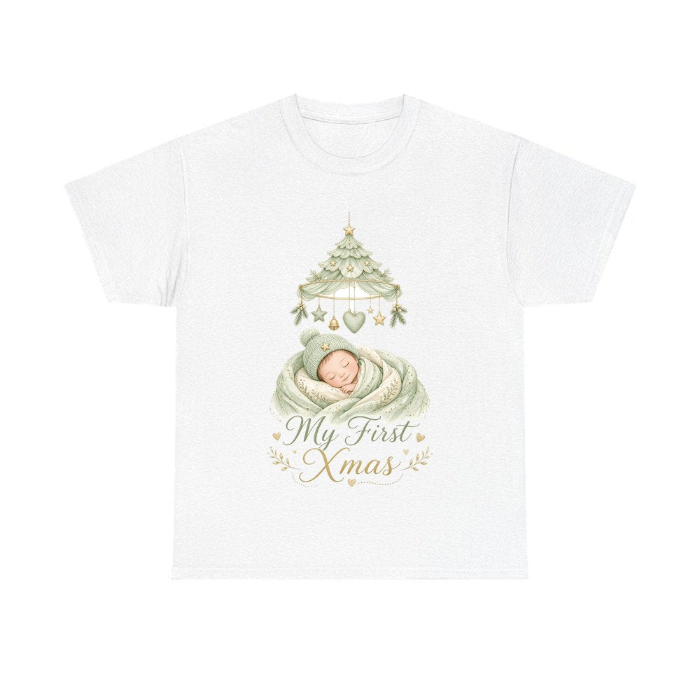 Sleeping Baby First Xmas personalised Christmas T-shirt in white