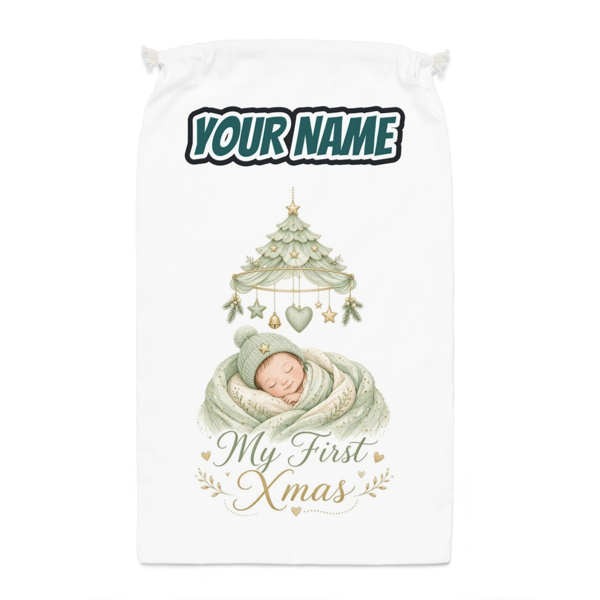 Sleeping Baby First Xmas Santa sack laid flat, showing the full print