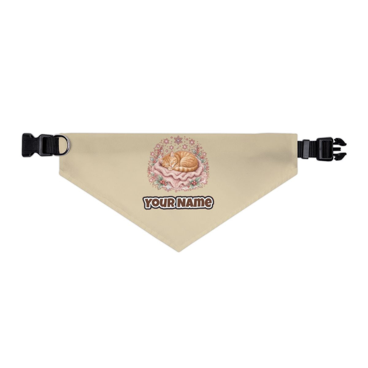 Sleeping Kitten On Blanket personalised Christmas pet bandana in beige, collar with buckle