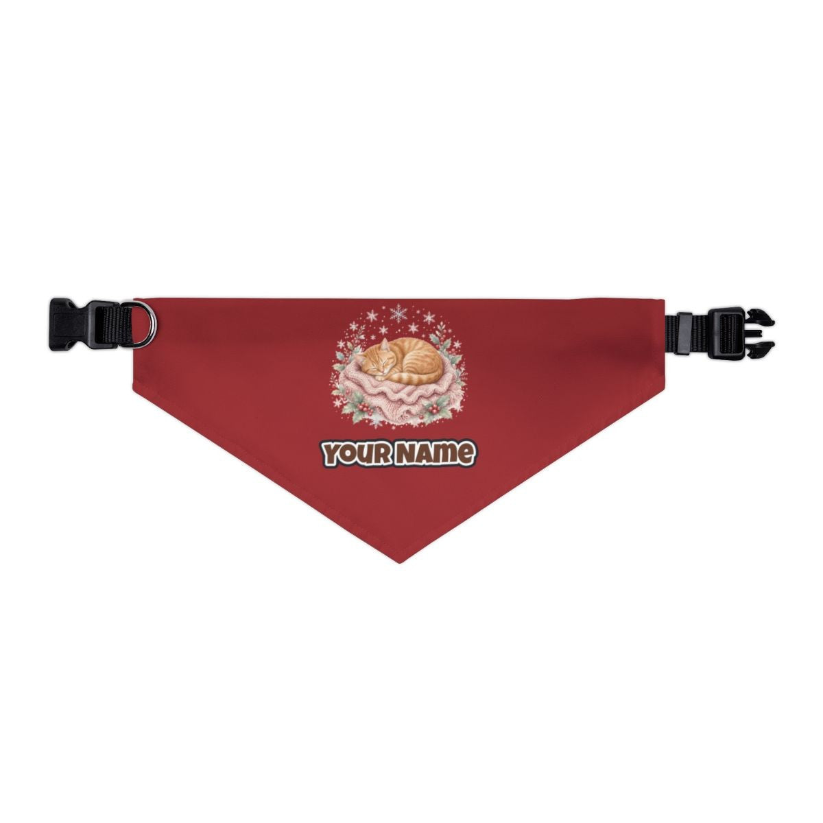 Sleeping Kitten On Blanket personalised Christmas pet bandana in red, collar with buckle