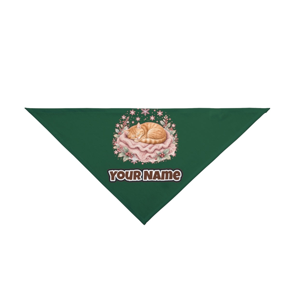 Sleeping Kitten On Blanket personalised Christmas pet bandana in green, tie-on style