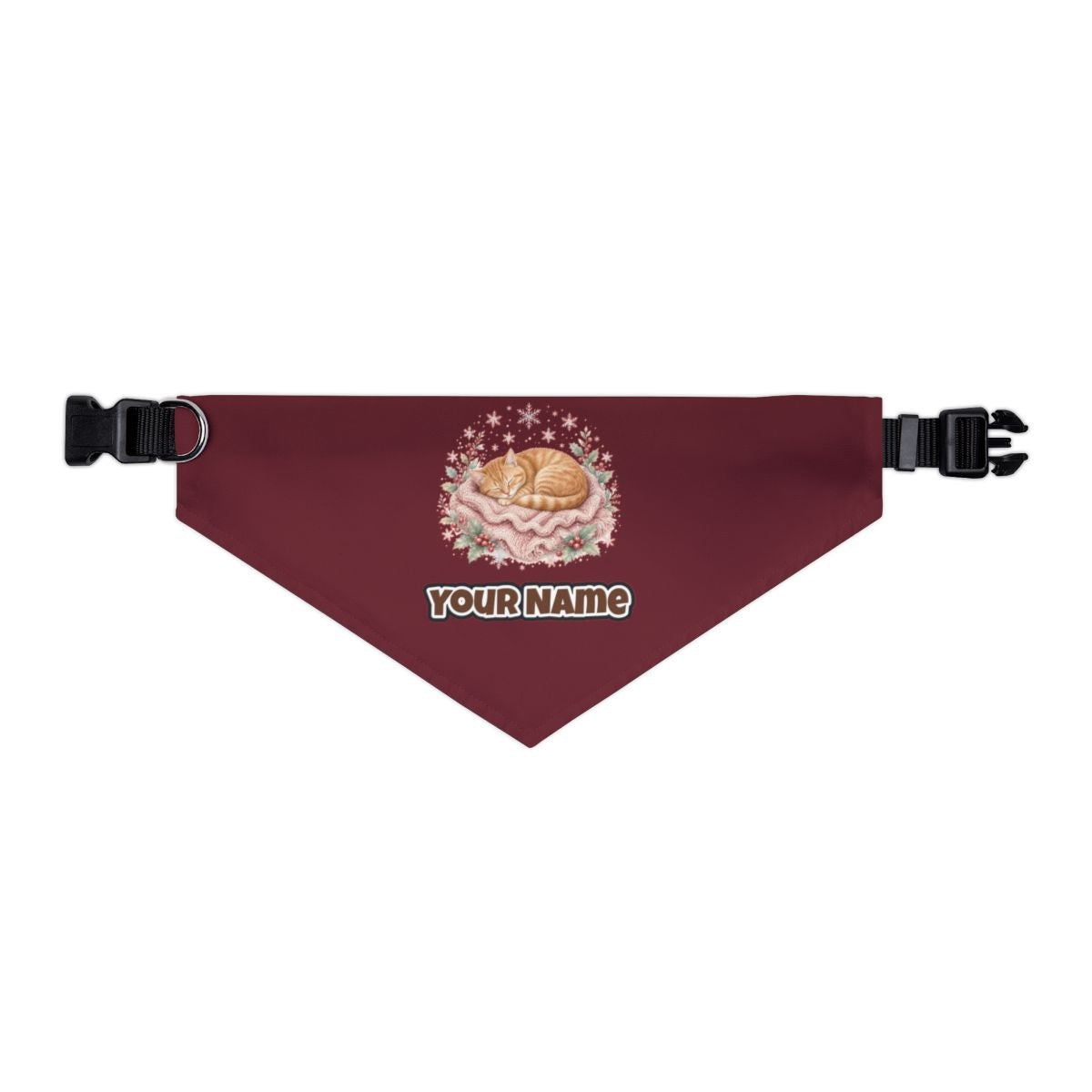 Sleeping Kitten On Blanket personalised Christmas pet bandana in maroon, collar with buckle