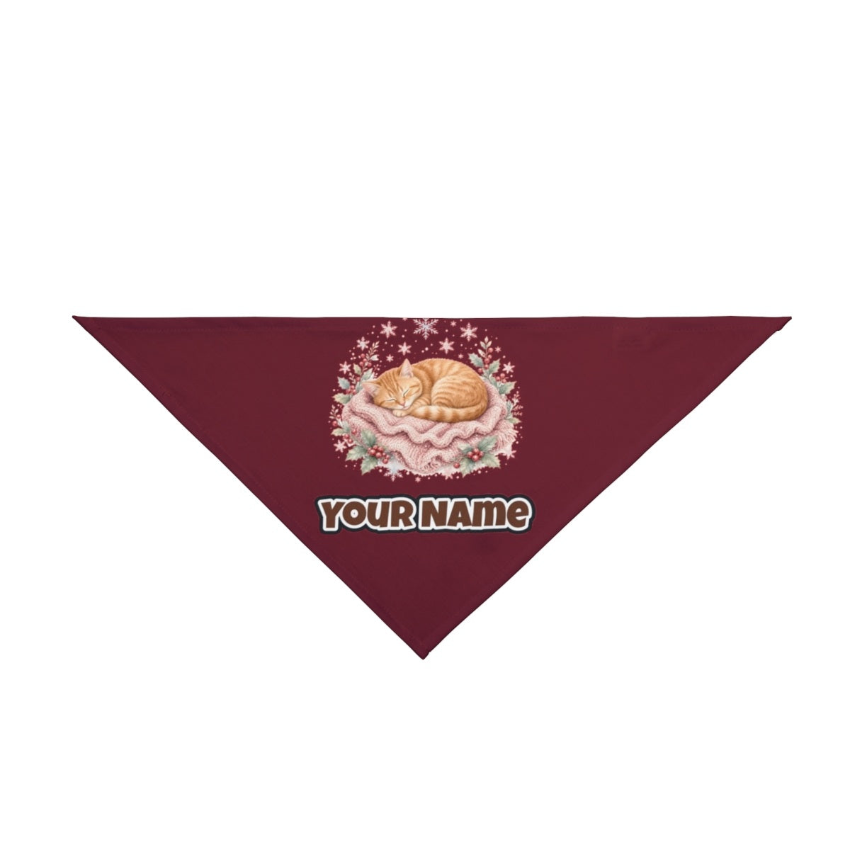 Sleeping Kitten On Blanket personalised Christmas pet bandana in maroon, tie-on style
