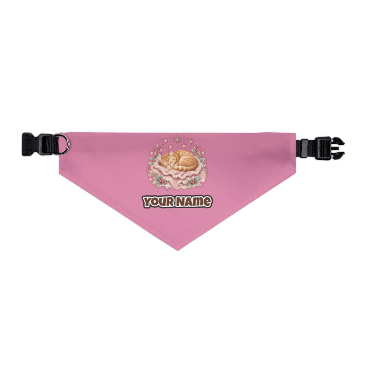 Sleeping Kitten On Blanket personalised Christmas pet bandana in pink, collar with buckle