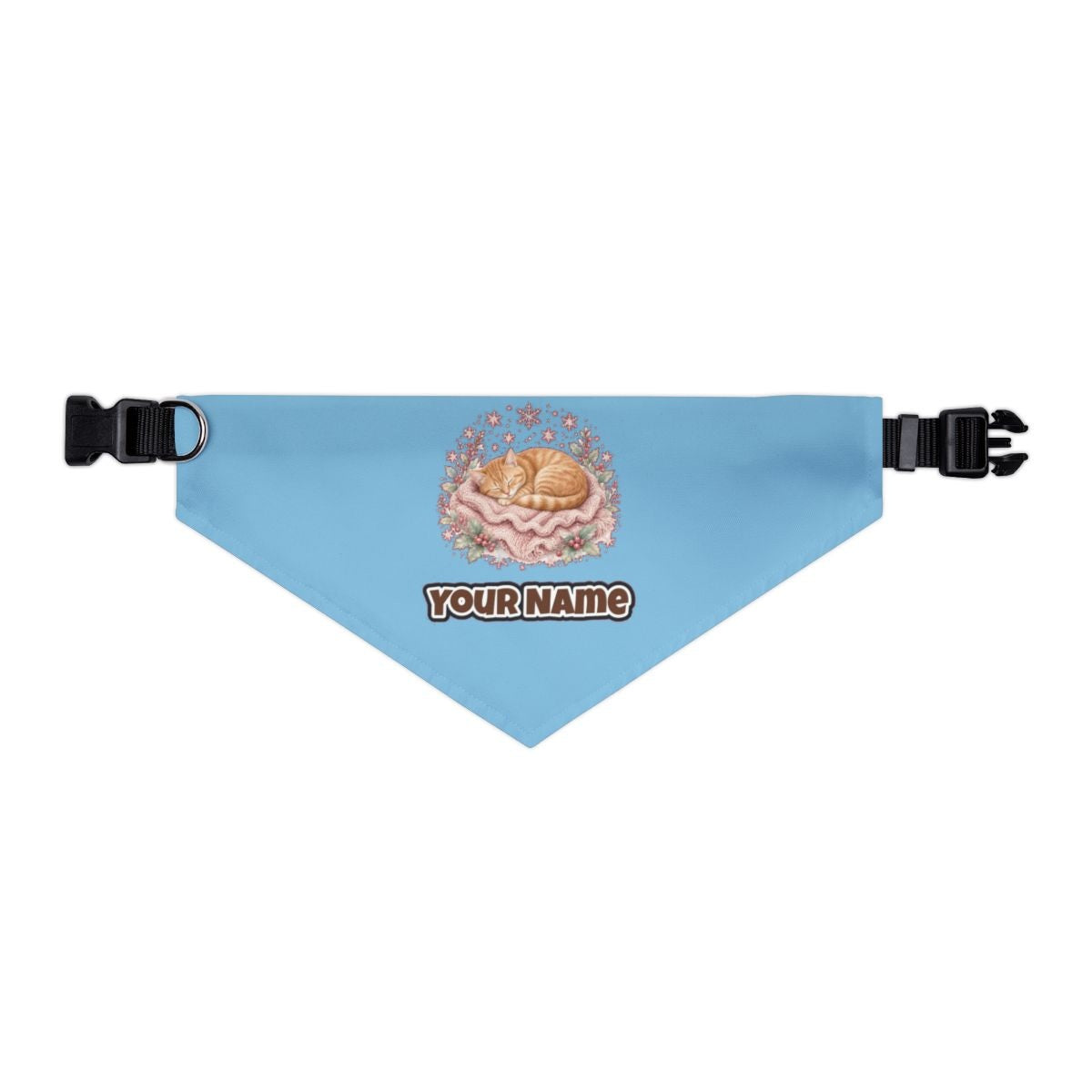 Sleeping Kitten On Blanket personalised Christmas pet bandana in sky blue, collar with buckle