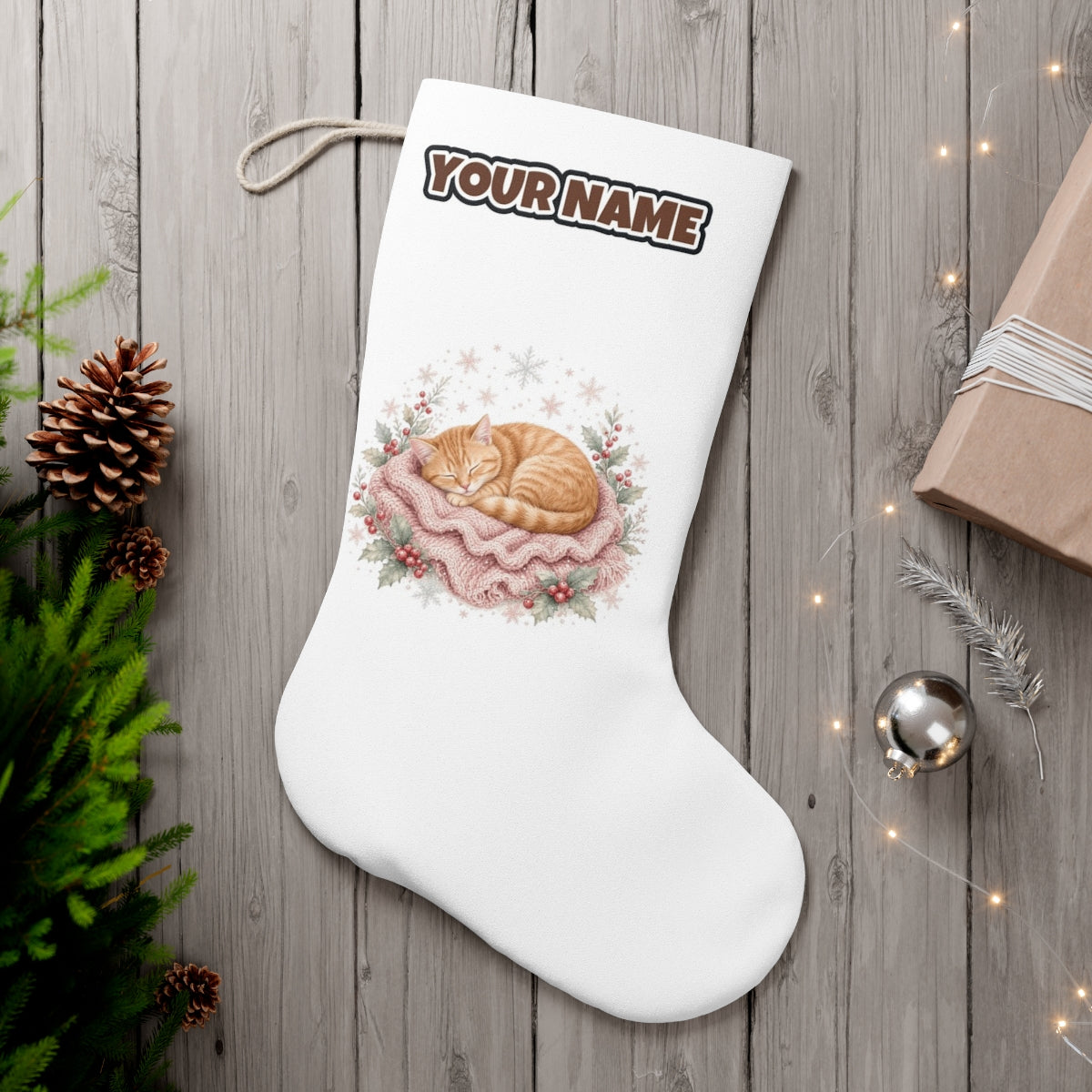 Sleeping Kitten On Blanket personalised Christmas stocking, white, with the name across the top