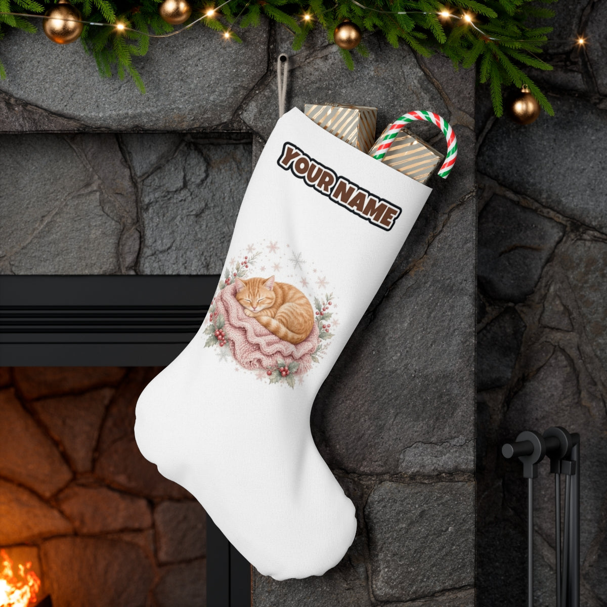 Sleeping Kitten On Blanket personalised Christmas stocking hanging on a mantel