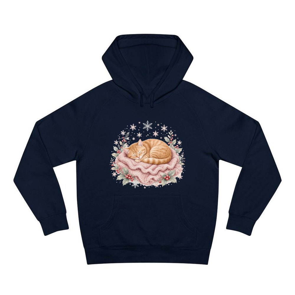 Sleeping Kitten On Blanket personalised Christmas hoodie in navy
