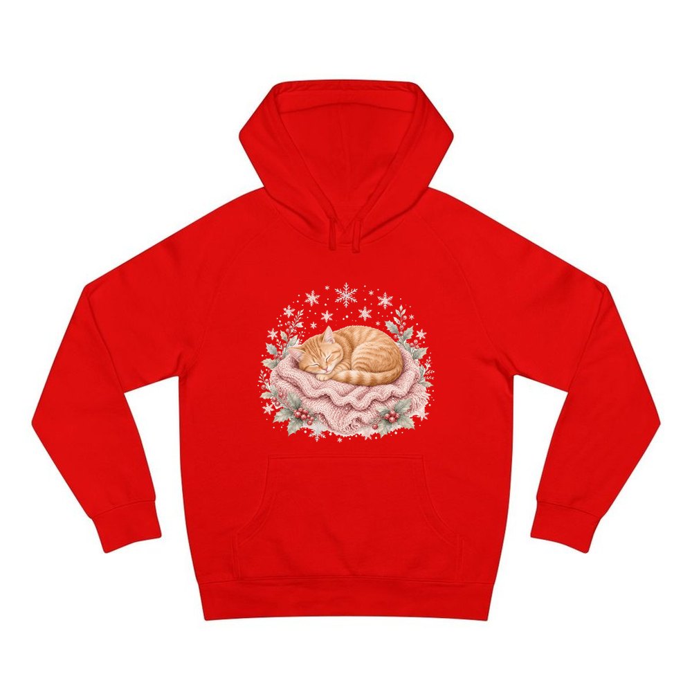 Sleeping Kitten On Blanket personalised Christmas hoodie in red