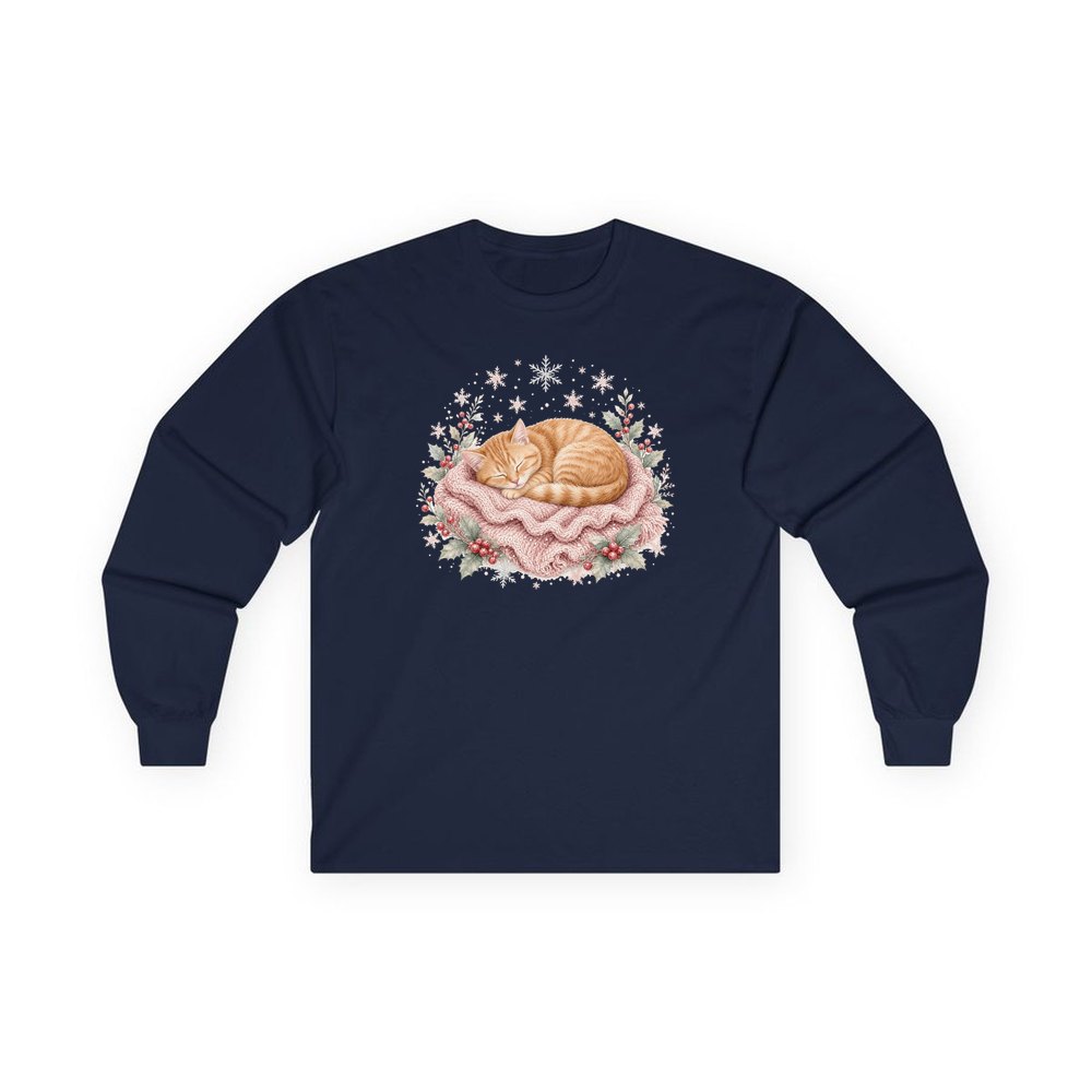 Sleeping Kitten On Blanket personalised long sleeve Christmas T-shirt in navy