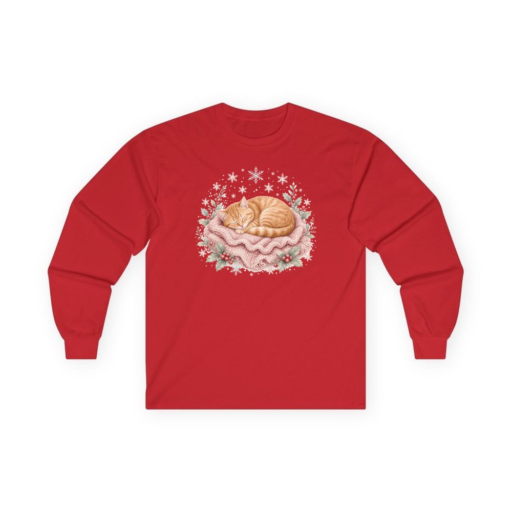 Sleeping Kitten On Blanket personalised long sleeve Christmas T-shirt in red