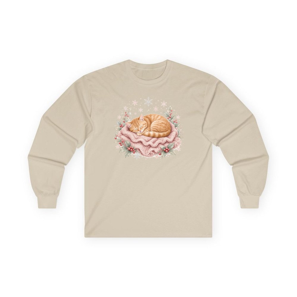 Sleeping Kitten On Blanket personalised long sleeve Christmas T-shirt in sand