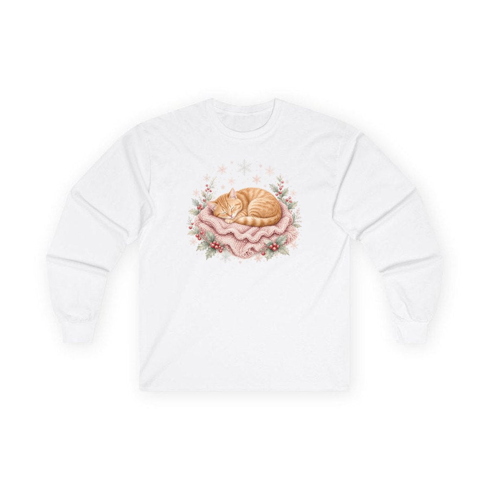 Sleeping Kitten On Blanket personalised long sleeve Christmas T-shirt in white