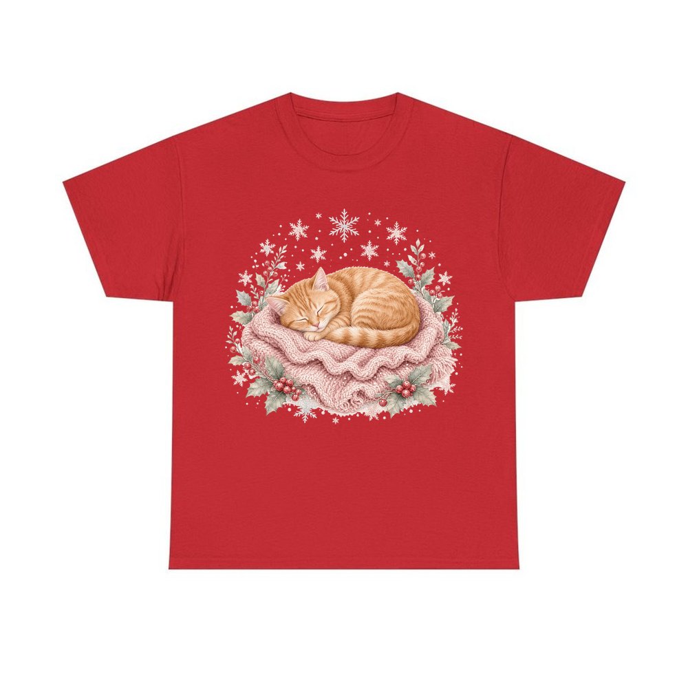 Sleeping Kitten On Blanket personalised Christmas T-shirt in red