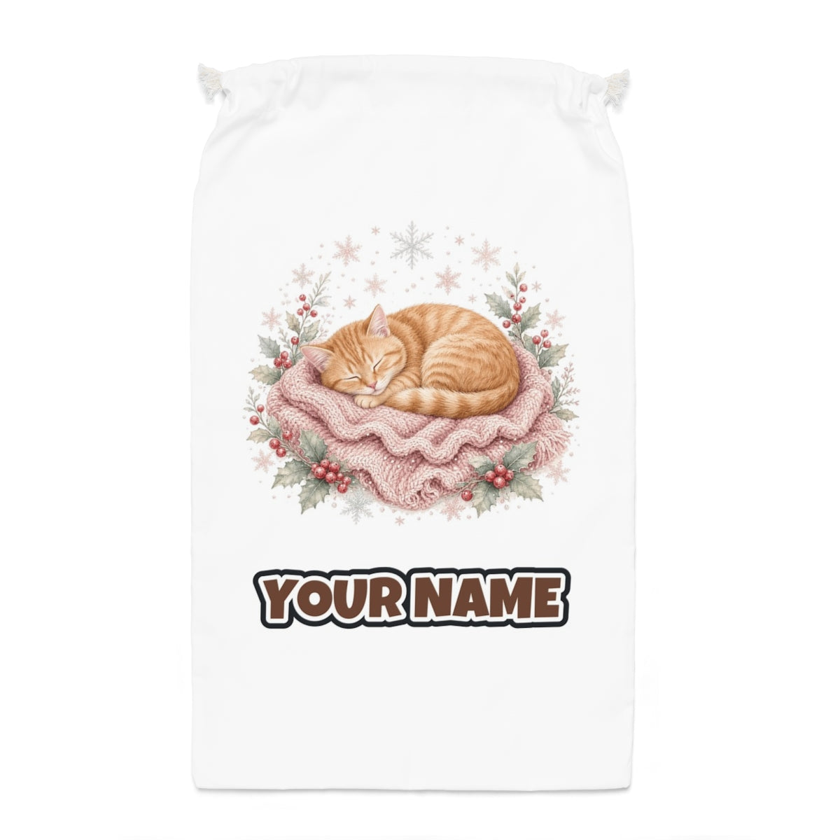 Sleeping Kitten On Blanket Santa sack laid flat, showing the full print
